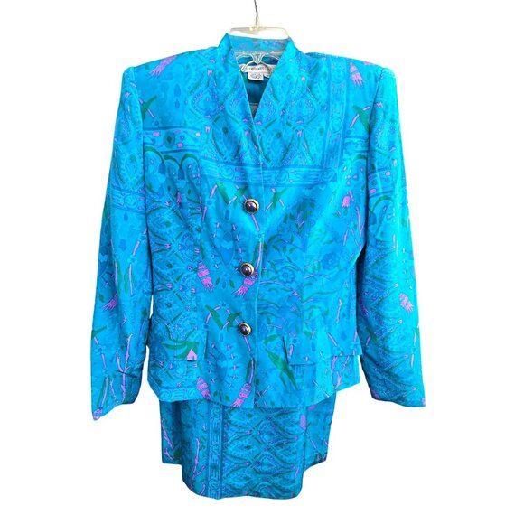 Anne Crimmins Turquoise Floral Silk Blazer & Skirt Set Size 4 Womens HS164 - Picture 1 of 12